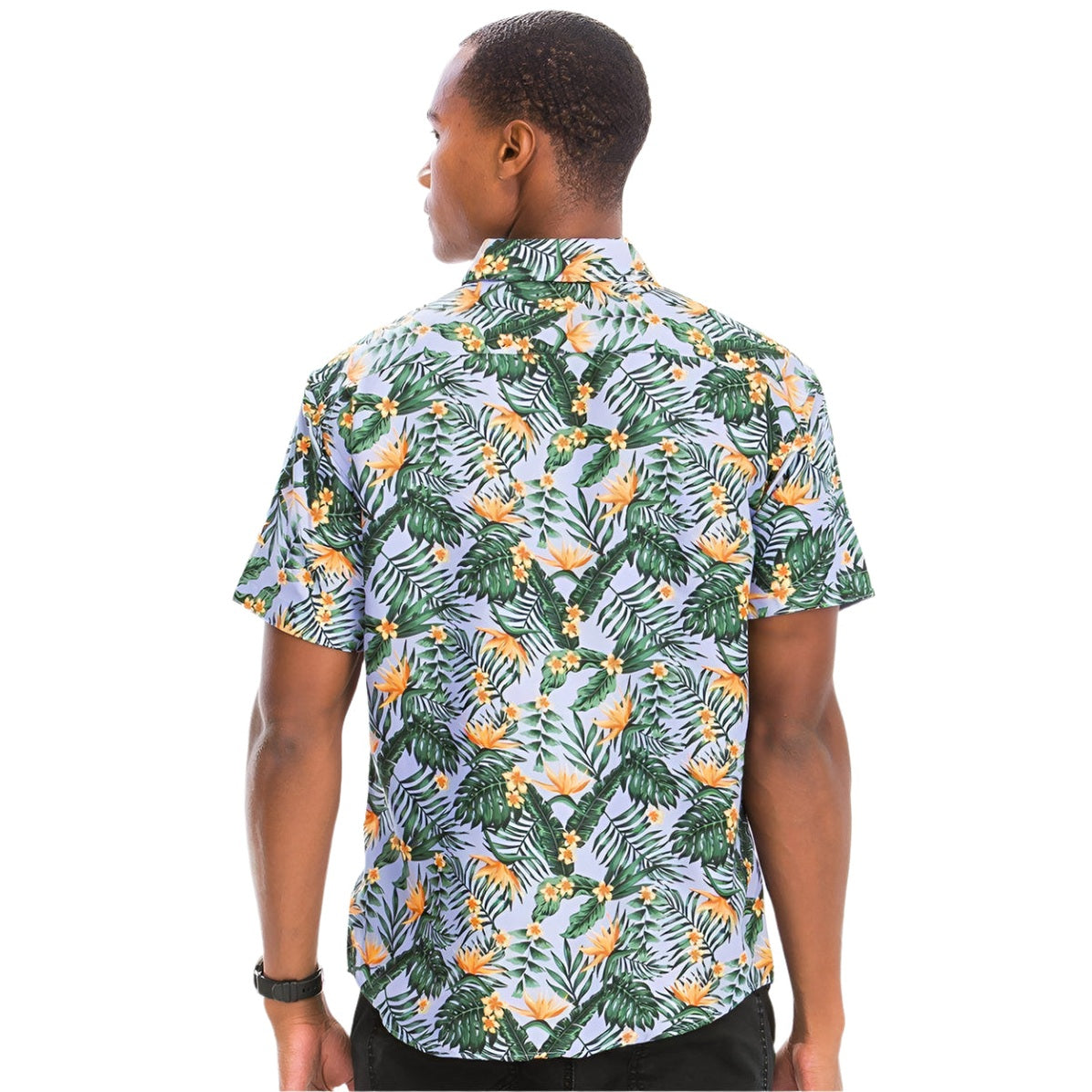 Men's Orange Hawaiian Print Shirt with Tropical Floral and Leaf Design for Casual Wear