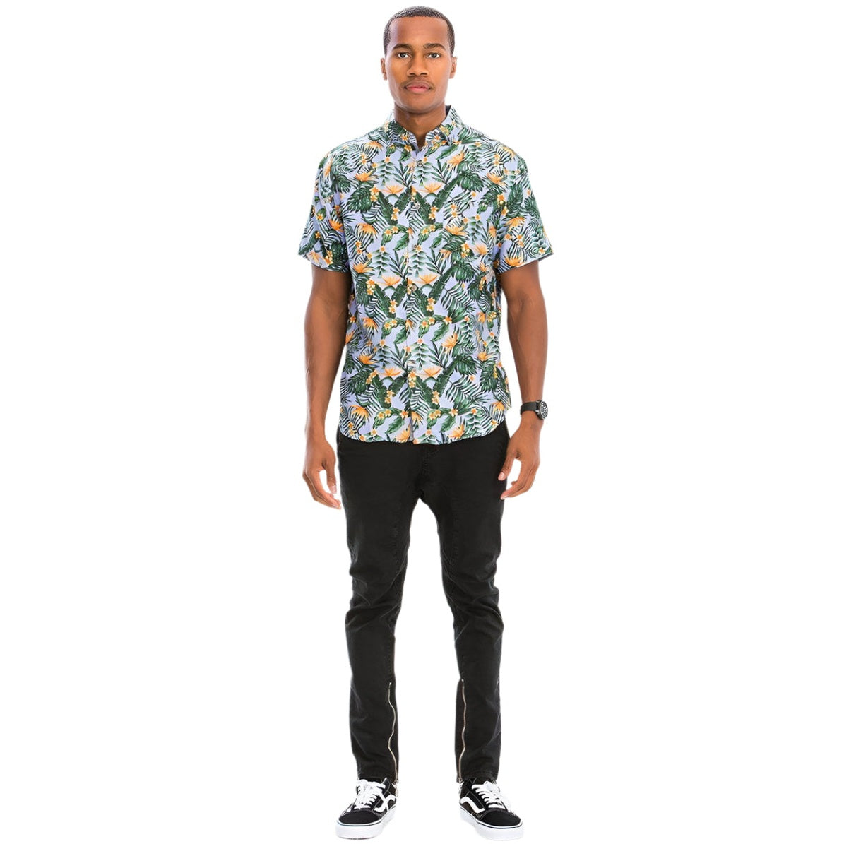 Men's Orange Hawaiian Print Shirt with Tropical Pattern for Casual Summer Wear
