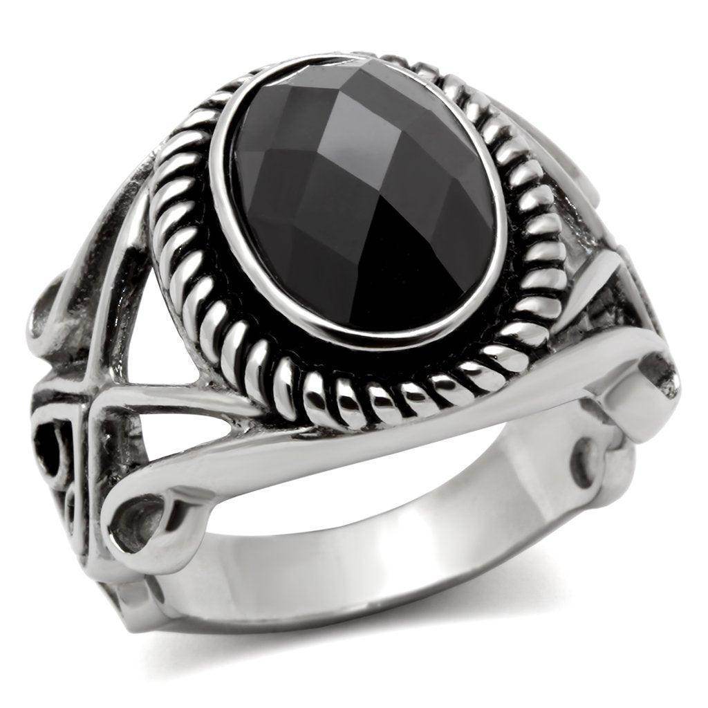 Oval stainless steel ring with a faceted black stone and intricate detailing for men's jewelry