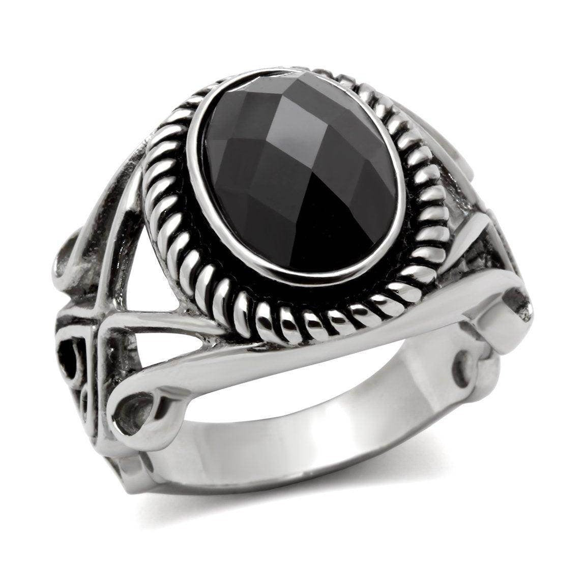 Oval stainless steel ring with a faceted black stone and intricate detailing for men's jewelry