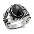Oval stainless steel ring with a faceted black stone and intricate detailing for men's jewelry