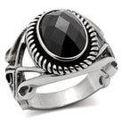 Oval stainless steel ring with a faceted black stone and intricate detailing for men's jewelry
