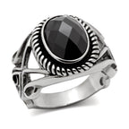 Oval stainless steel ring with a faceted black stone and intricate detailing for men's jewelry