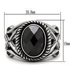 Stylish oval stainless steel ring featuring a black faceted gemstone and intricate band design