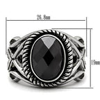 Stylish oval stainless steel ring featuring a black faceted gemstone and intricate band design