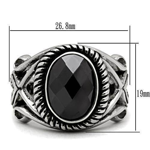 Stylish oval stainless steel ring featuring a black faceted gemstone and intricate band design