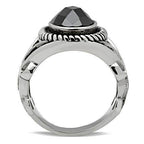 Stylish oval stainless steel ring with a prominent black stone and intricate detailing for men