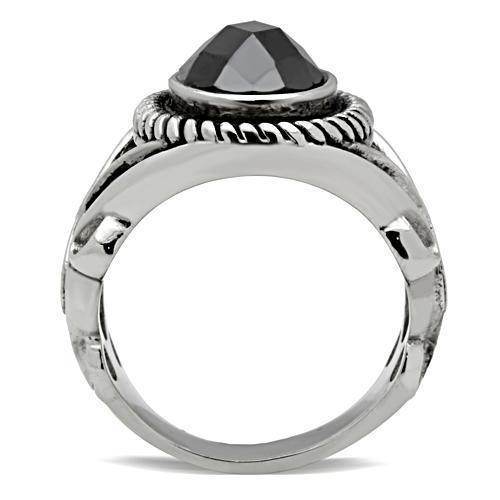 Stylish oval stainless steel ring with a prominent black stone and intricate detailing for men
