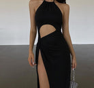 Women's Clubwear Party Clubwear Sleeveless Halter Dress Black Hollow Out Lace...