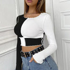 Women's Shirts - Cropped Tops Patchwork Crop Top Sexy Ladies Casual O Neck T Shirt Womens