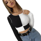 Women's Shirts - Cropped Tops Patchwork Crop Top Sexy Ladies Casual O Neck T Shirt Womens