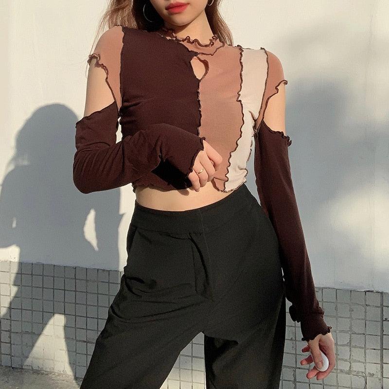Women's Shirts - Cropped Tops Patchwork Long Sleeve Frill Cut Out Crop Top For Women