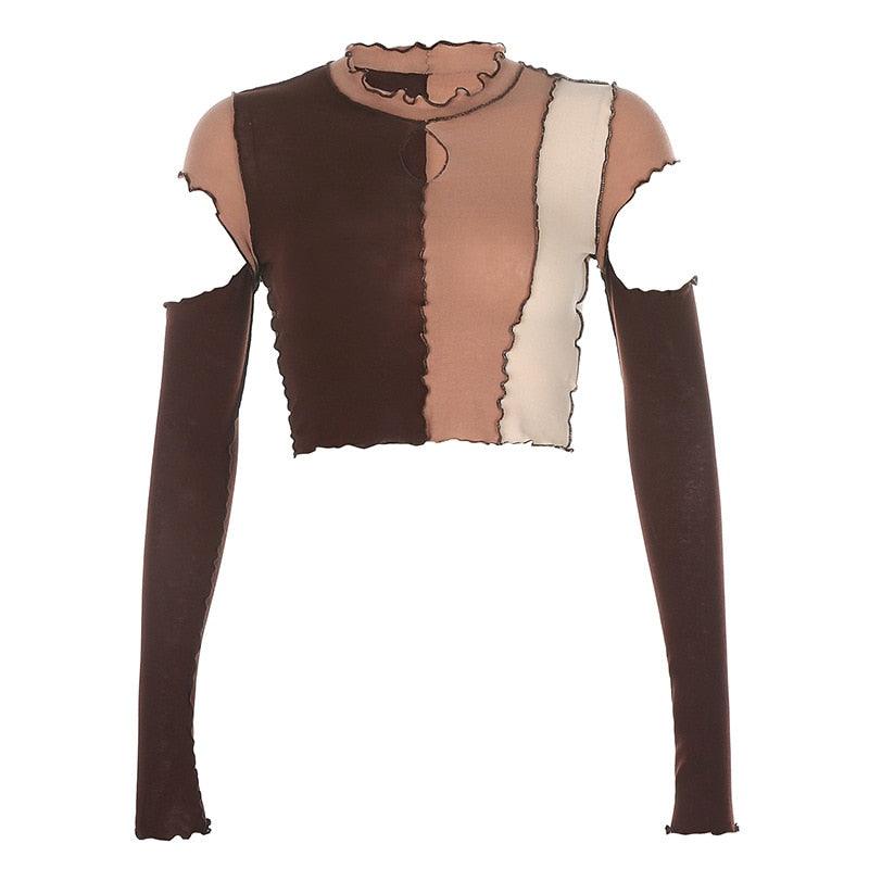 Women's Shirts - Cropped Tops Patchwork Long Sleeve Frill Cut Out Crop Top For Women