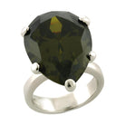 Elegant pear cut sterling silver gemstone ring featuring a large green gemstone and a sleek band