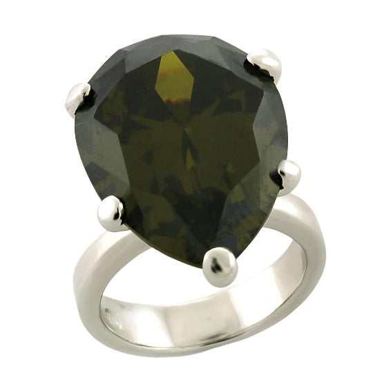 Elegant pear cut sterling silver gemstone ring featuring a large green gemstone and a sleek band