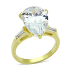 Elegant pear shaped gold engagement ring featuring a sparkling center stone and baguette accents