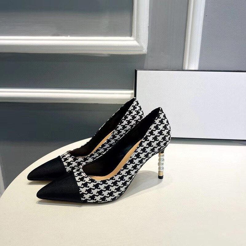 Women's Shoes - Heels Pearl Heeled Houndstooth Pumps For Women Thin High-Heels