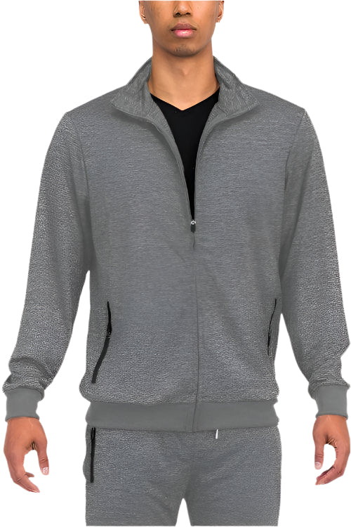 Mens VacationGrabs performance jacket zipper front in gray with zippered pockets for active wear