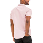 Back view of a pink button down shirt men from VacationGrabs with short sleeves and a modern fit