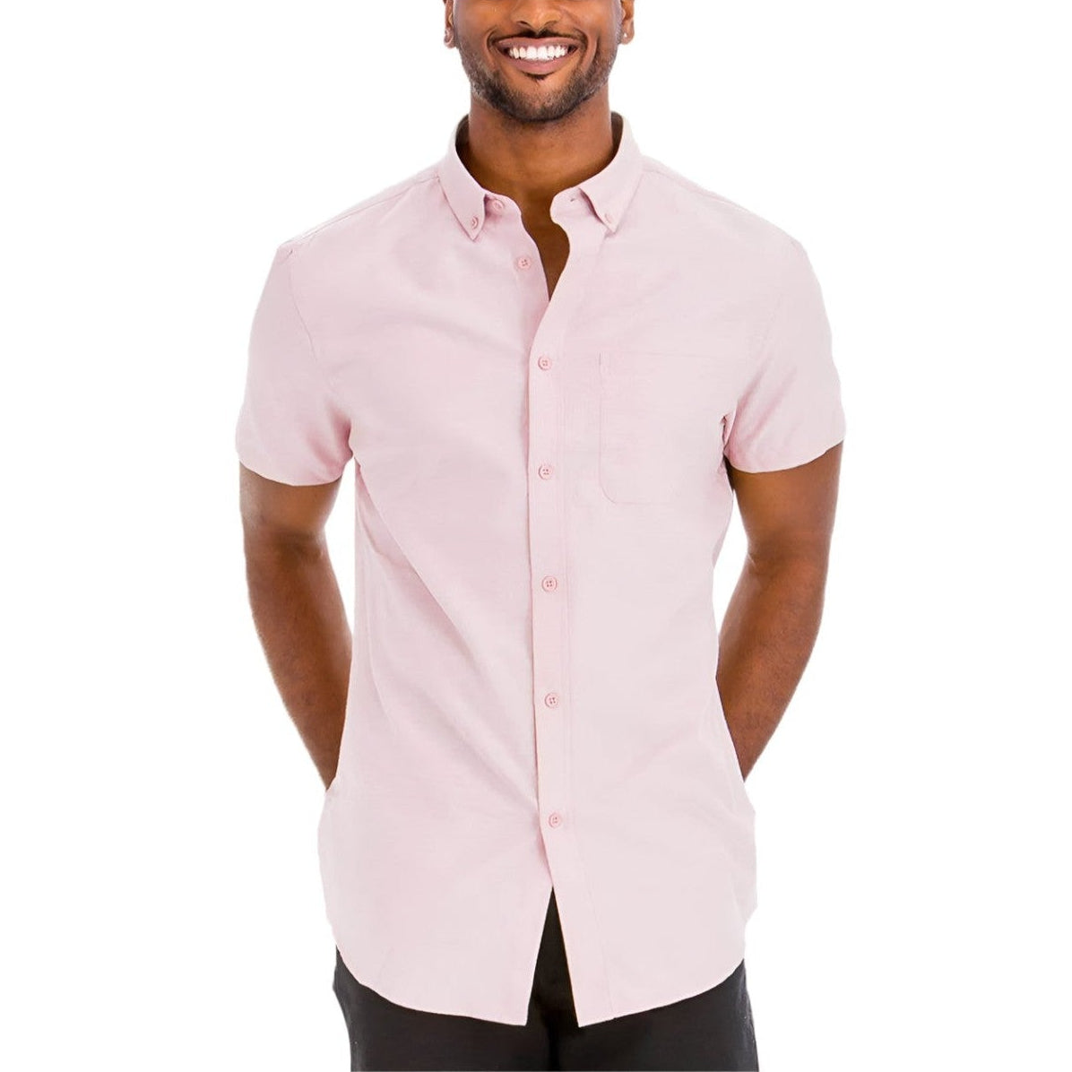 VacationGrabs pink button down shirt men with short sleeves and a chest pocket for a casual look