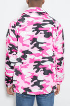 Back view of a pink camo coach jacket for men, showcasing vibrant camouflage pattern and lightweight design