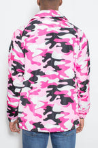 Back view of a pink camo coach jacket for men, showcasing vibrant camouflage pattern and lightweight design