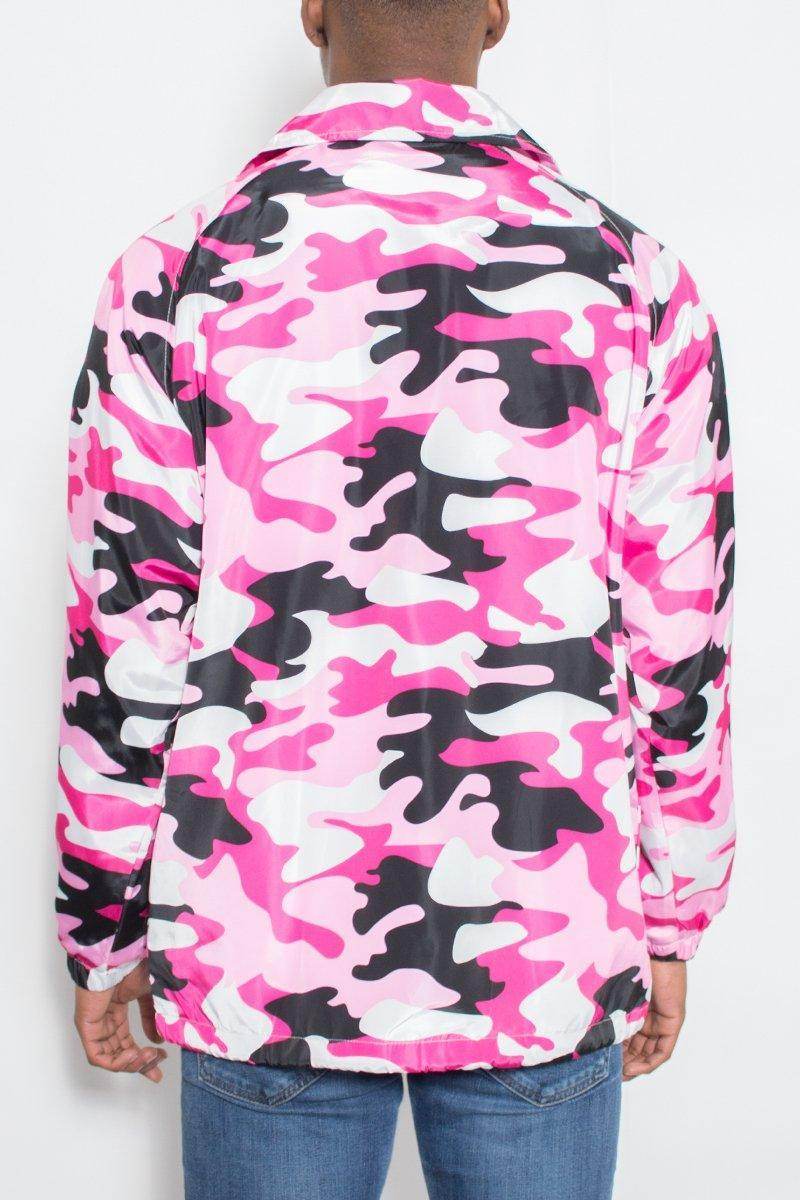 Back view of a pink camo coach jacket for men, showcasing vibrant camouflage pattern and lightweight design