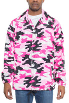 Men's pink camo coach jacket by VacationGrabs with a vibrant camouflage design