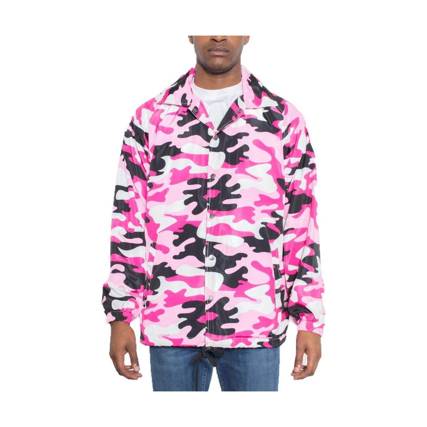 Men's pink camo coach jacket by VacationGrabs with a vibrant camouflage design