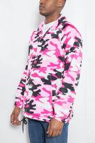 Men's pink camo coach jacket featuring a vibrant camouflage pattern for a trendy look