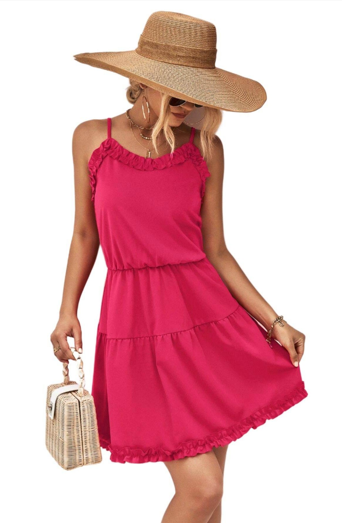 Trendsi pink frill dress for vacation with a tiered design and adjustable straps