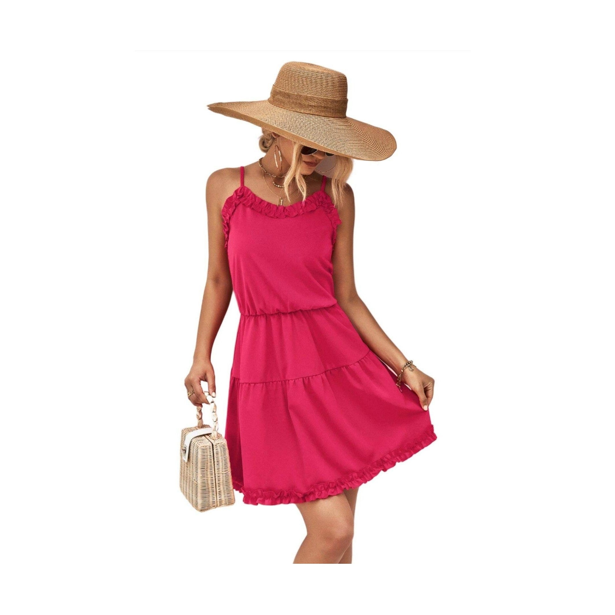 Trendsi pink frill dress for vacation with a tiered design and adjustable straps