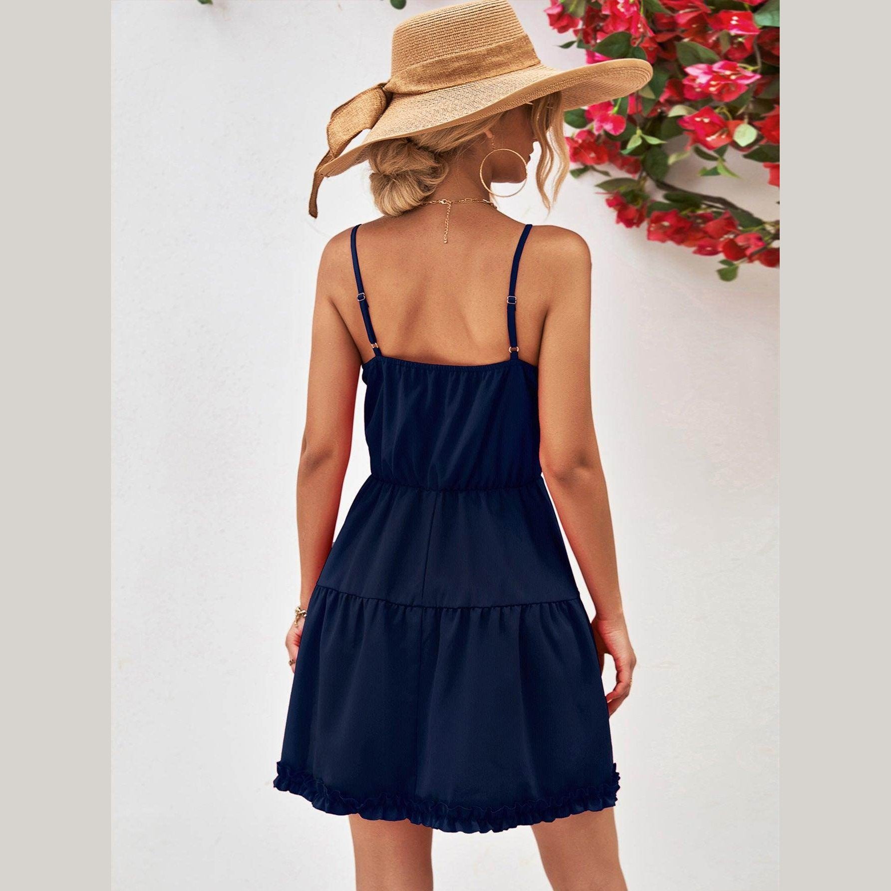 Trendsi Navy Blue Women's Dress with Frills, Ideal as a pink frill dress for vacation