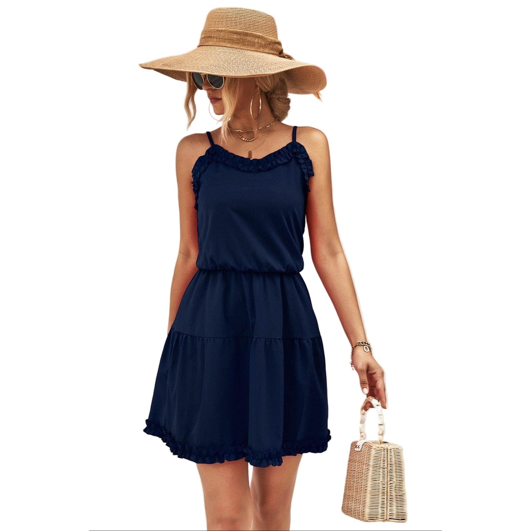 Trendsi navy blue dress with frill details, perfect as a pink frill dress for vacation outfit