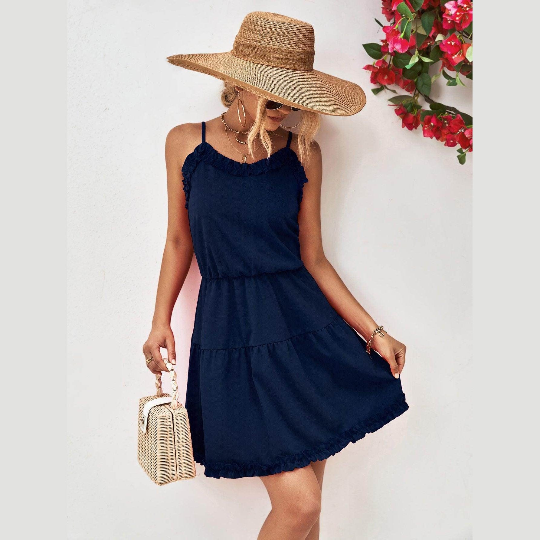 Trendsi Women's Navy Blue Frill Dress for Vacation with Strappy Design and Ruffled Hem