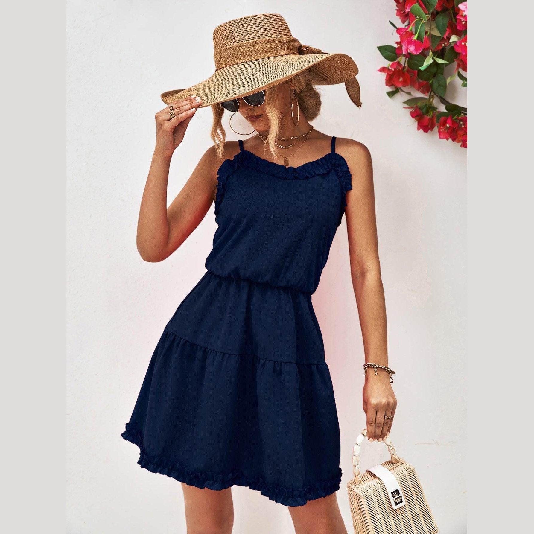 Trendsi Women's Navy Blue Dress with Frills, Perfect Pink Frill Dress for Vacation Style