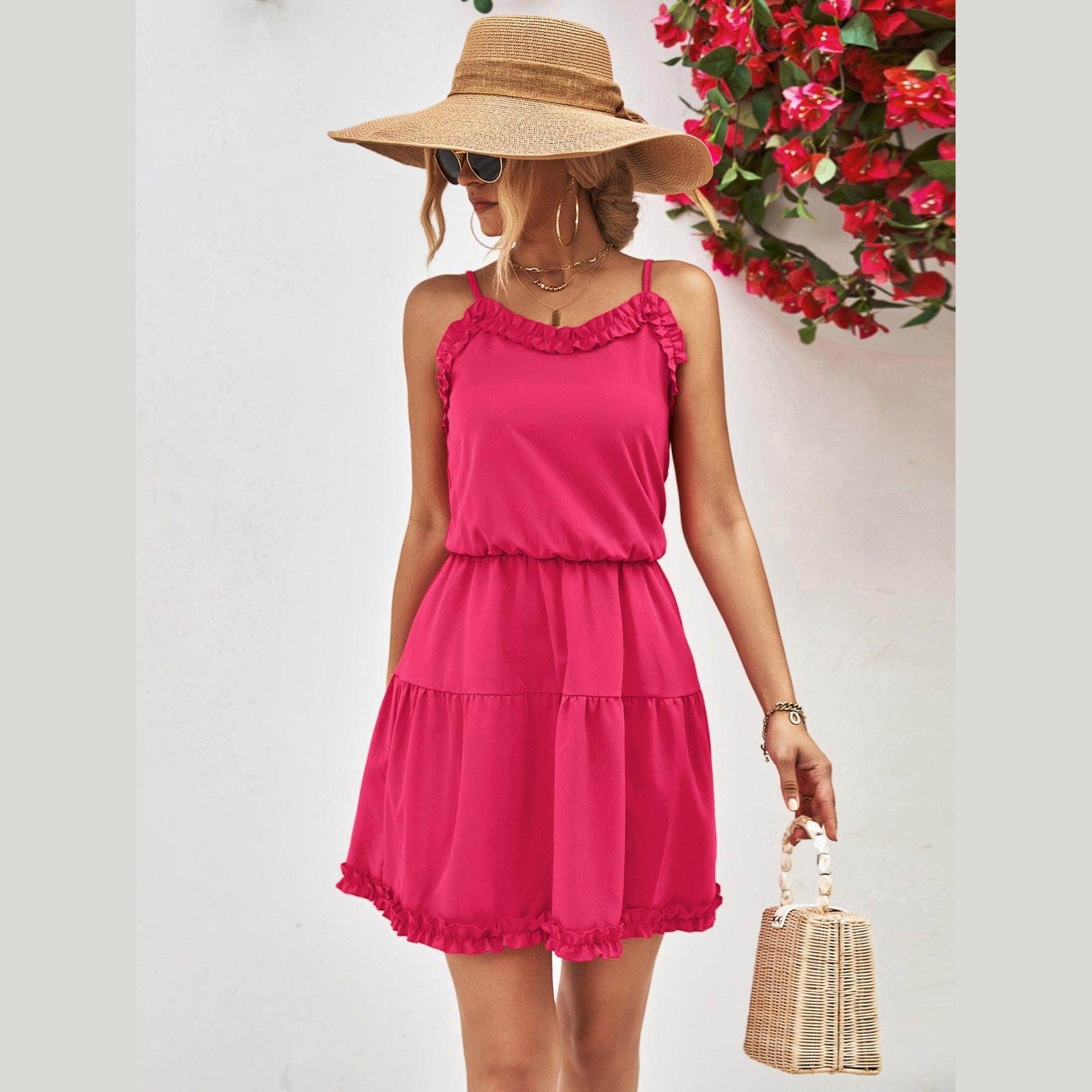 Trendsi pink frill dress for vacation with adjustable straps and a playful design