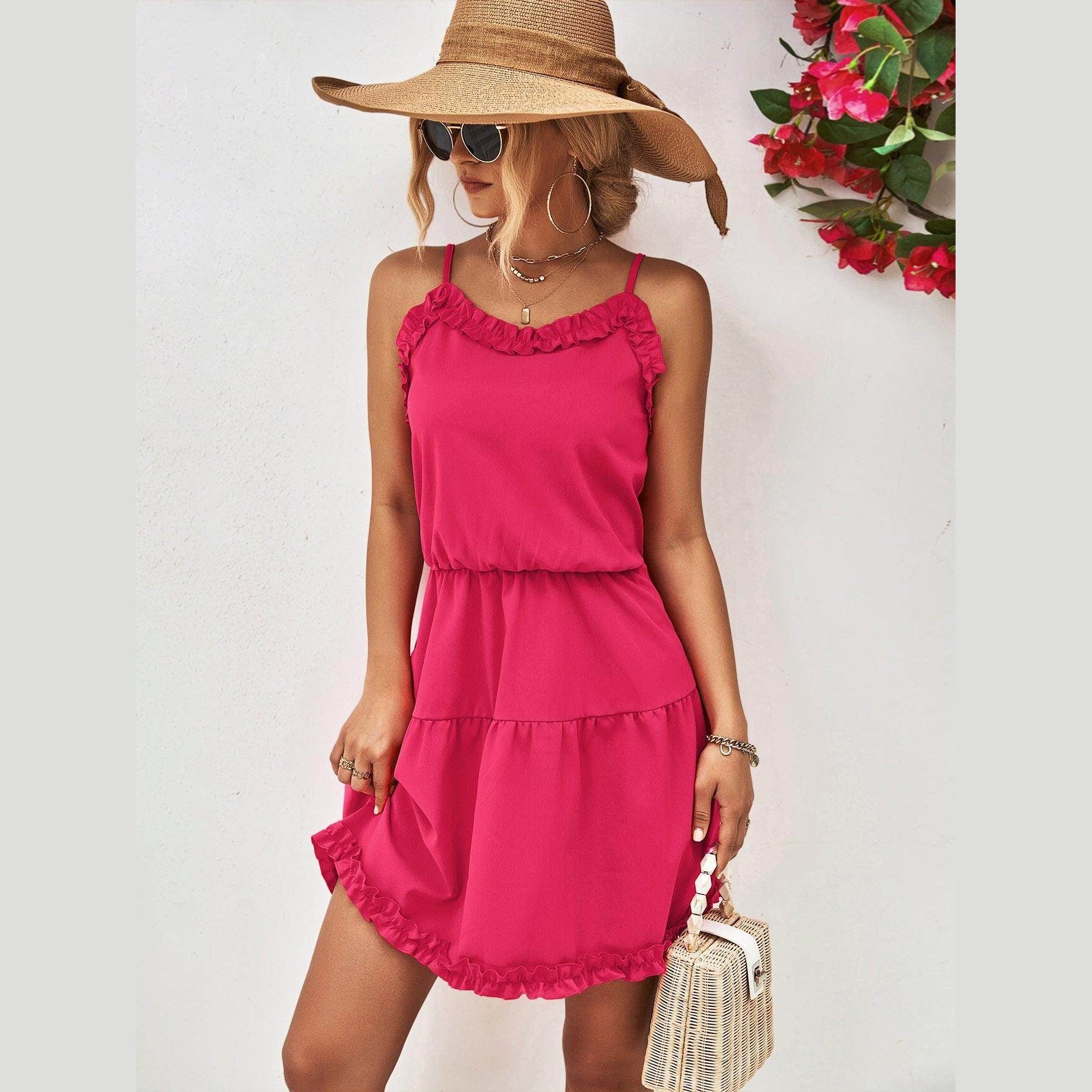 Trendsi pink frill dress for vacation with adjustable straps and ruffle details