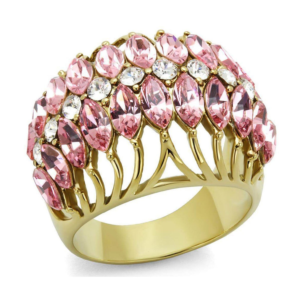 Gold women’s ring adorned with pink gemstone fashion ring and sparkling crystal accents