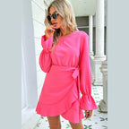 Trendsi pink vacation dress with long sleeves and ruffled hem for stylish summer outings