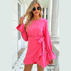Trendsi pink vacation dress with bell sleeves and a stylish wrap design for summer outings