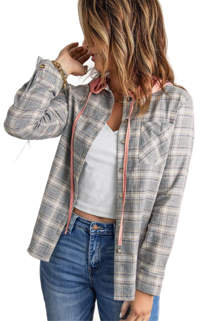 Women's Coats & Jackets Plaid Drawstring Hooded Shirt Jacket