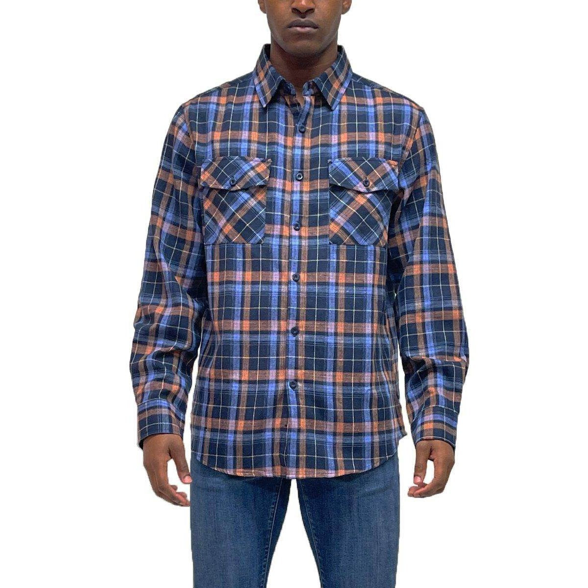 Men's VacationGrabs plaid shirt vacation style in blue and orange with two chest pockets