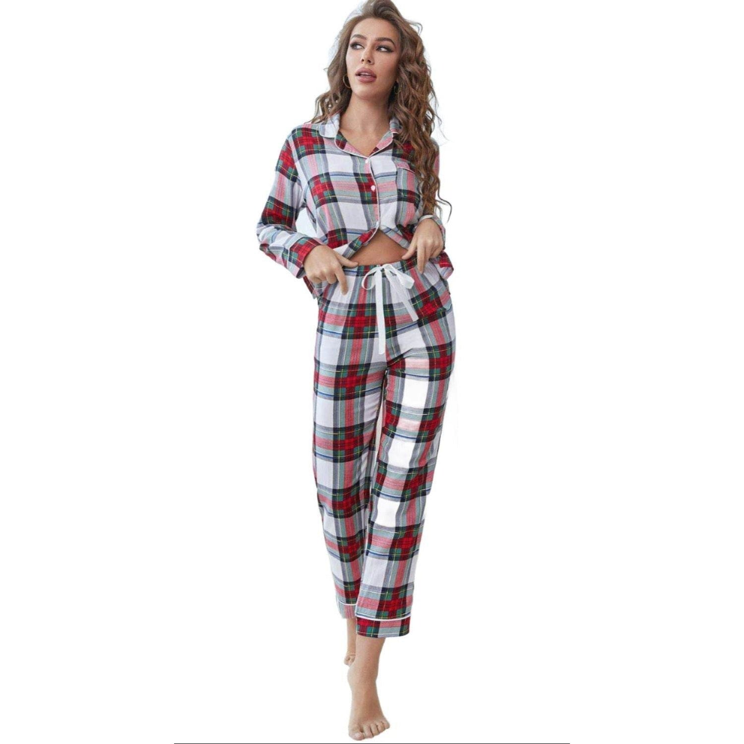 Women's plaid top and pants set in red and white for cozy sleep and loungewear.
