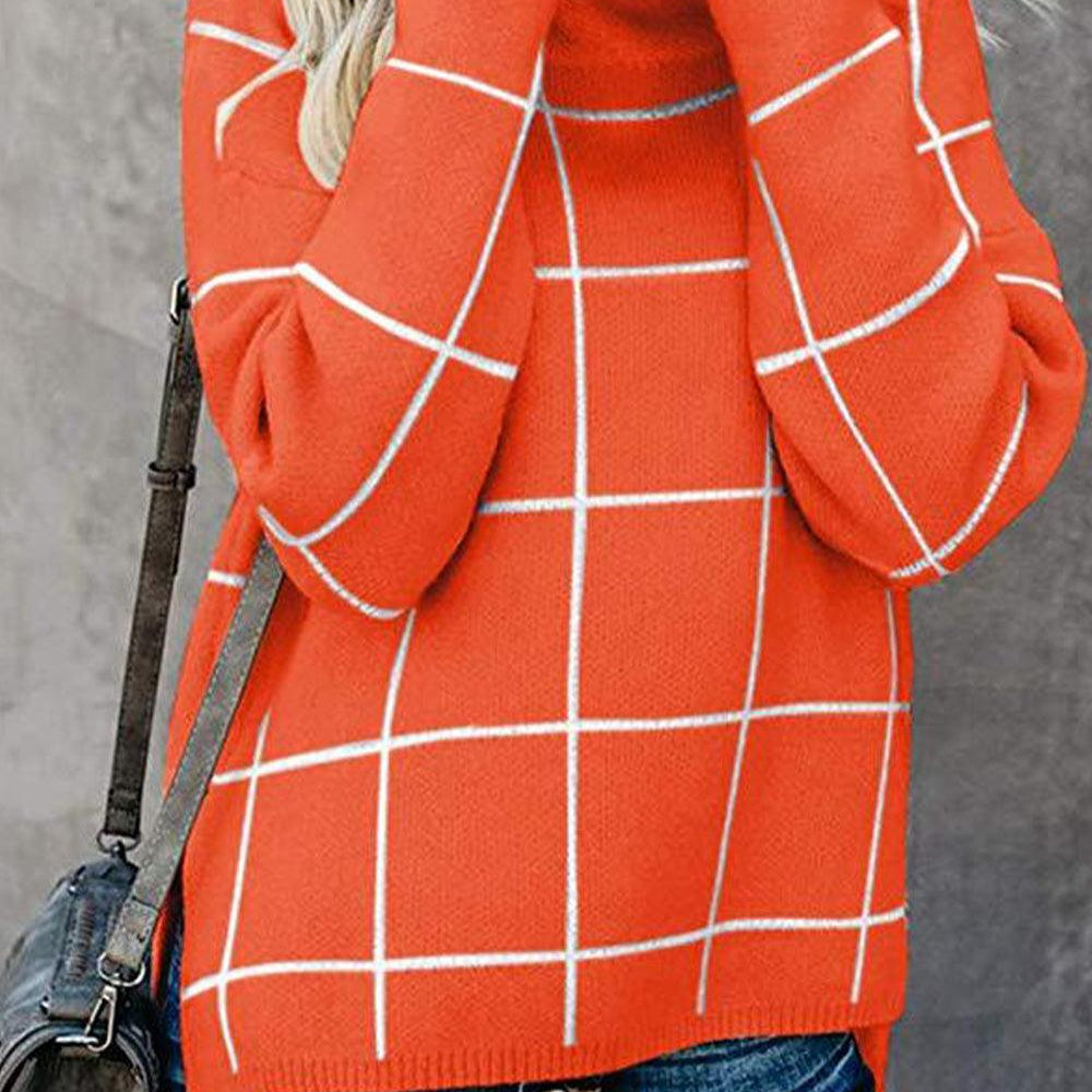 Women's Sweaters Plaid Turtleneck Drop Shoulder Sweater