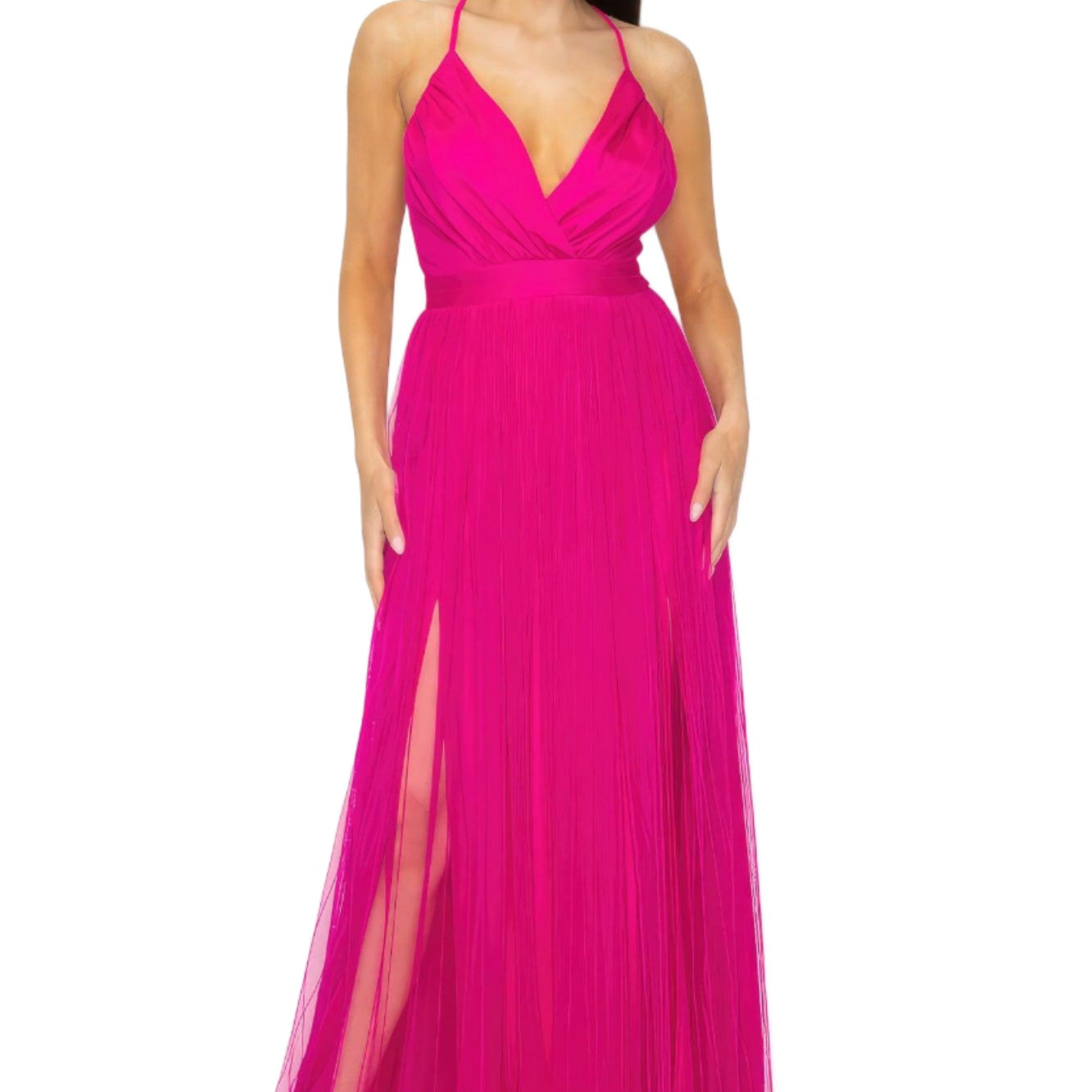 Women's Dresses Pleated Mesh Slit Maxi Dress - Hot Pink