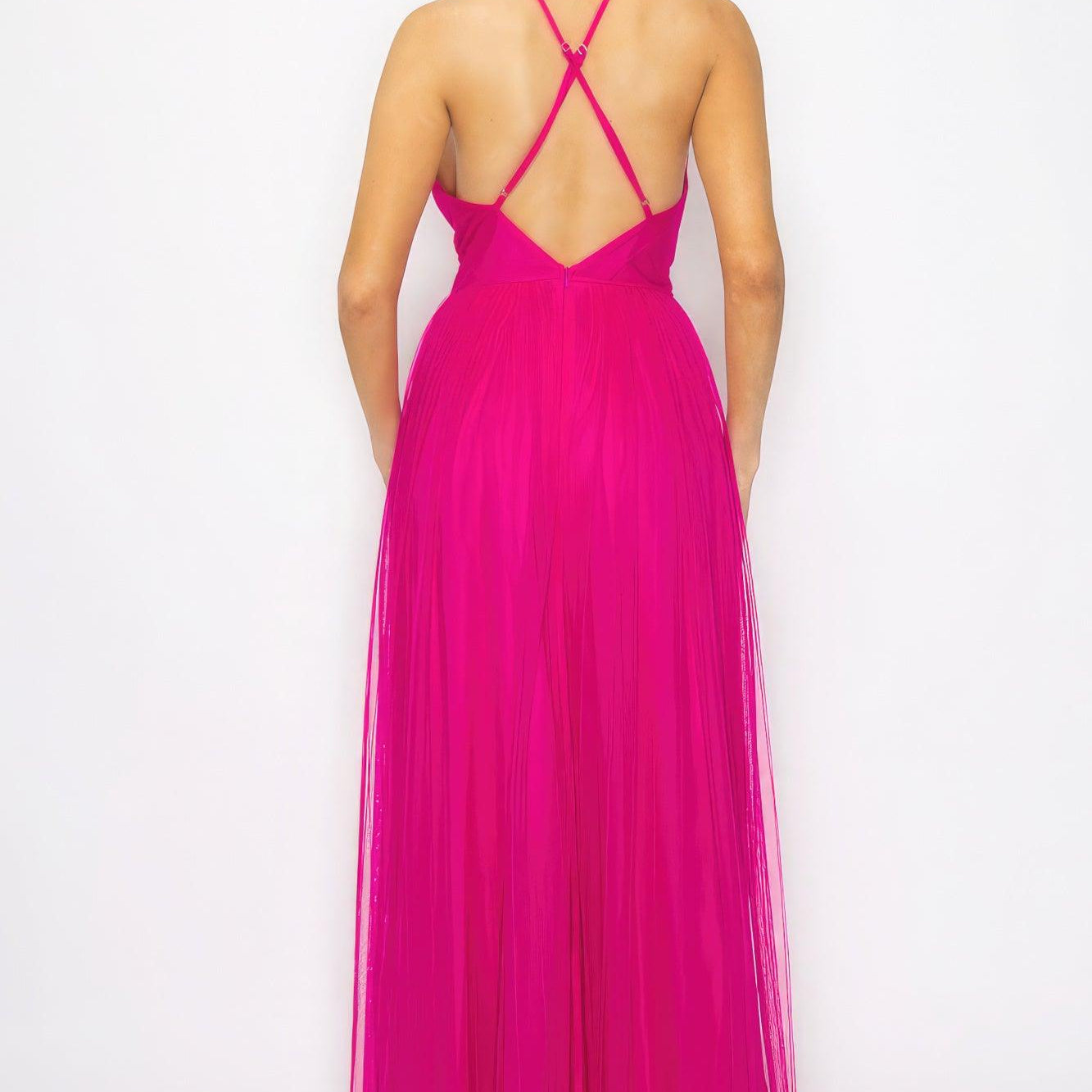 Women's Dresses Pleated Mesh Slit Maxi Dress - Hot Pink