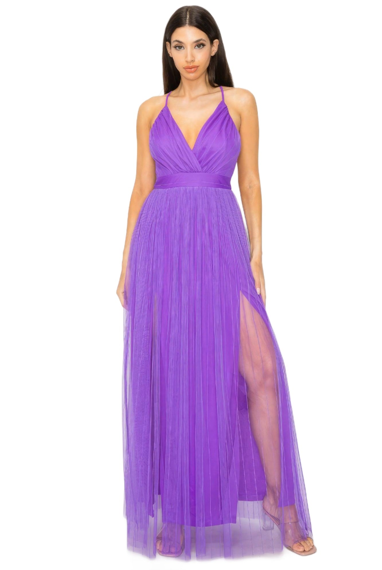 Women's Dresses Pleated Mesh Slit Maxi Dress - Purple