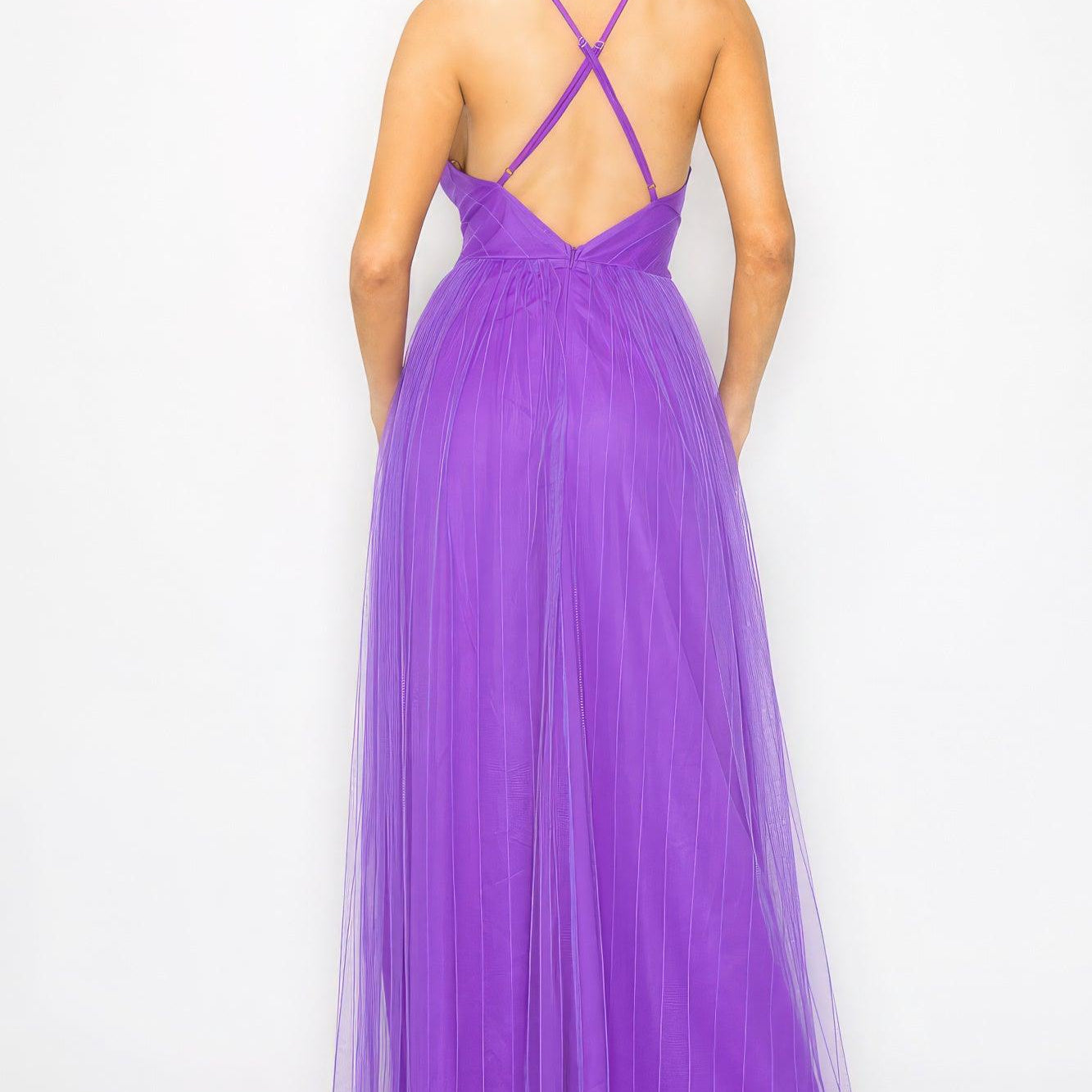 Women's Dresses Pleated Mesh Slit Maxi Dress - Purple