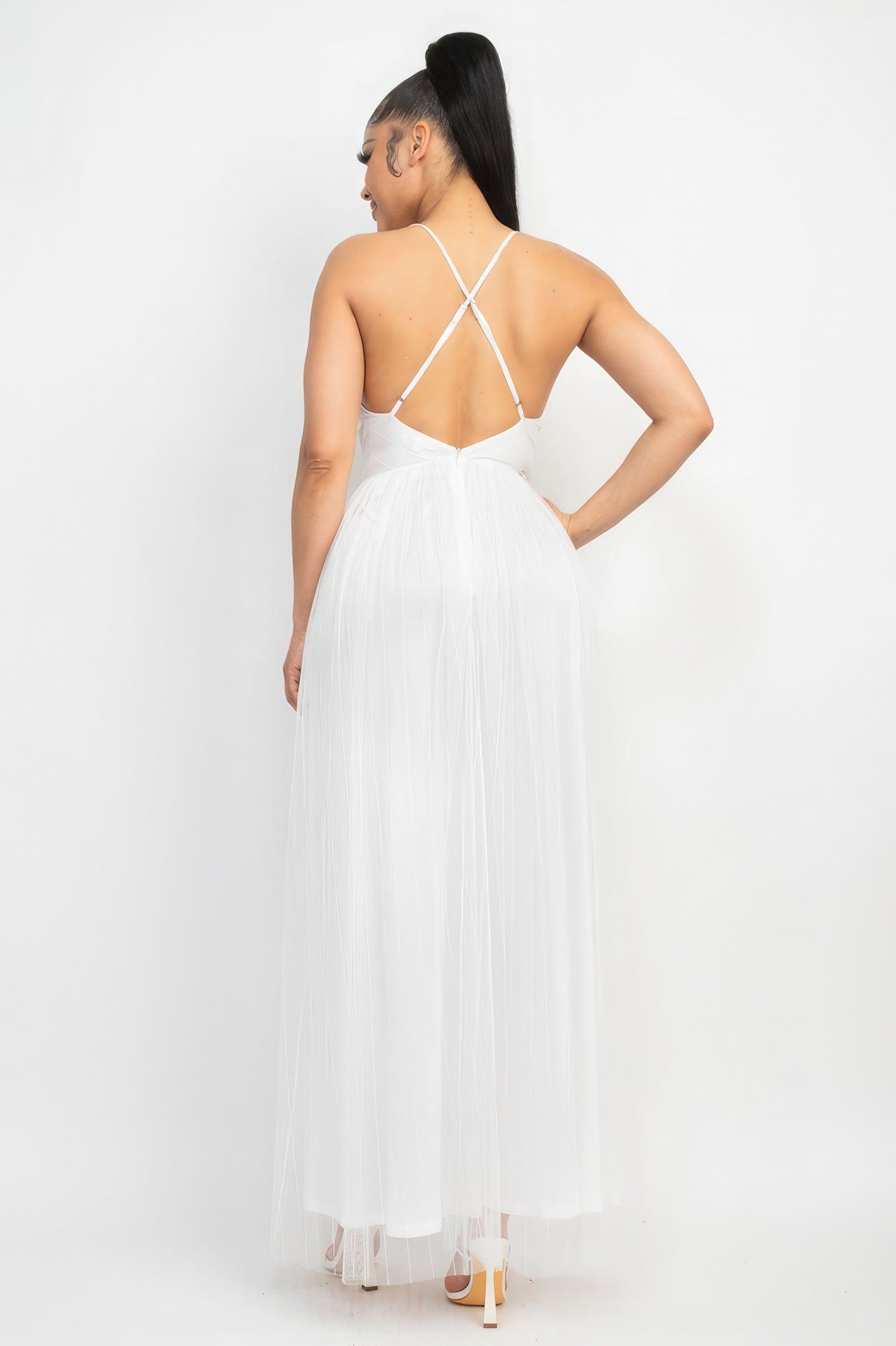 Women's Dresses Pleated Mesh Slit Maxi Dress - White
